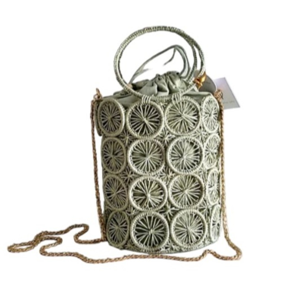 House of Harlow 1960 Raffia Hand Woven Bucket Bag Mint Green NWT